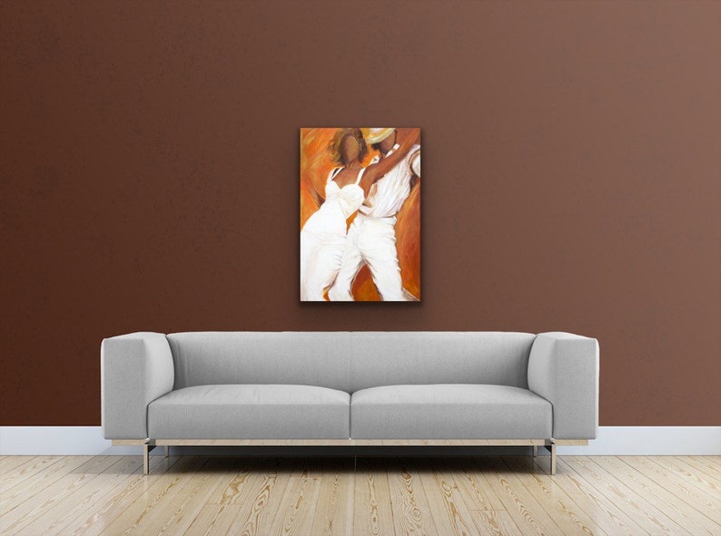 Tango dancers art print on paper, Tango dancers in white dress and white fedora ,Couple dancing wall decor, Free shipping Gift under 50 image 2