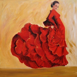 Flamenco painting- Flamenco dancer wall art in red dress limited edition giclee print on canvas with gold background, gift for dancers