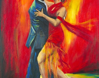 Tango dancers with a dramatic red background art print on paper , wall decor, wedding gift, print on paper