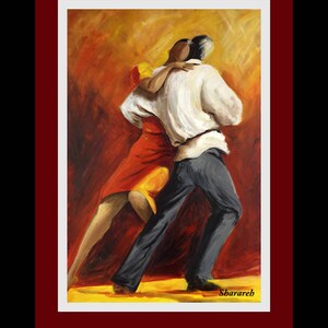 Tango dancers art print on paper, Tango dancers in white dress and white fedora ,Couple dancing wall decor, Free shipping Gift under 50 image 10