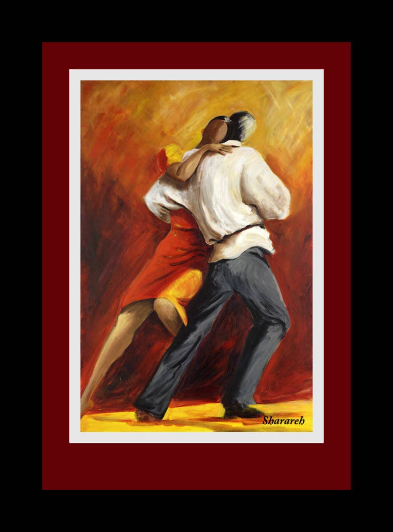 Tango dancers art print on paper, Tango dancers in white dress and white fedora ,Couple dancing wall decor, Free shipping Gift under 50 image 10