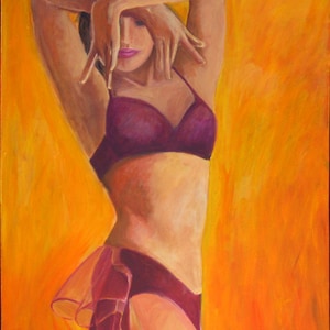 Belly Dancer Giclee Print on Canvas, 24x34  Belly Dancer in Purple Costume with Yellow and Orange Background, beautiful wall art  home décor