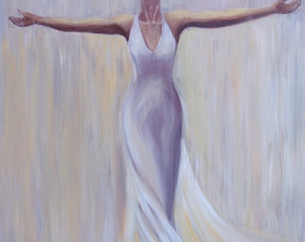 Painting of woman praying in silver and white dress with silver metallic background,   title:"The Fight is Won" , Gift for paitents