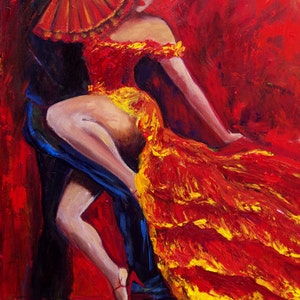 Flamenco original painting of a dancer in a red dress with a red fan, Original flamenco acrylic painting 24x36 wall decor, image 1