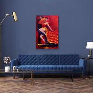 Flamenco original painting of a dancer in a red dress with a red fan, Original flamenco acrylic painting 24x36 wall decor, image 2