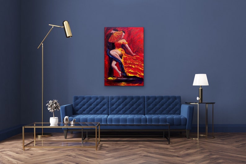 Flamenco original painting of a dancer in a red dress with a red fan, Original flamenco acrylic painting 24x36 wall decor, image 2