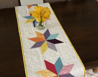Bright Quilted Tablerunner, Handmade Dresser Scarf, LeMoyne Star Reversible 16.5" x 57.5" (42cm x 146cm) Table Quilt