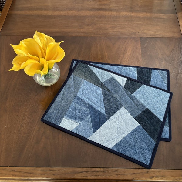 Upcycled Denim & Plaid Placemats, Set of 2 Reversible Quilted Placemats, 12-1/2"x17-1/2"  Cottage Chic Hostess Gift