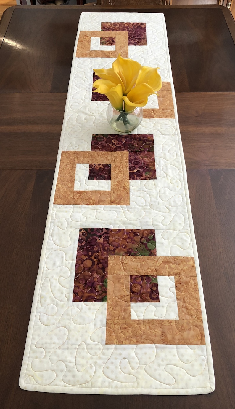 Modern Batik Table Runner Handmade Gold Cream & Brown Quilted | Etsy