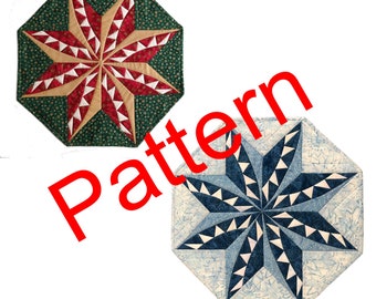 May include: Two star-shaped quilted placemats. One has a red and tan star on a green background. The other features a blue and white star design. The word "Pattern" is written across the image in red.