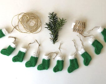 Knitted Mini Sock Garland, Bright Green and White Miniature Stocking Bunting, Hand Knit Mini Socks on a String, Stocking Christmas Garland
