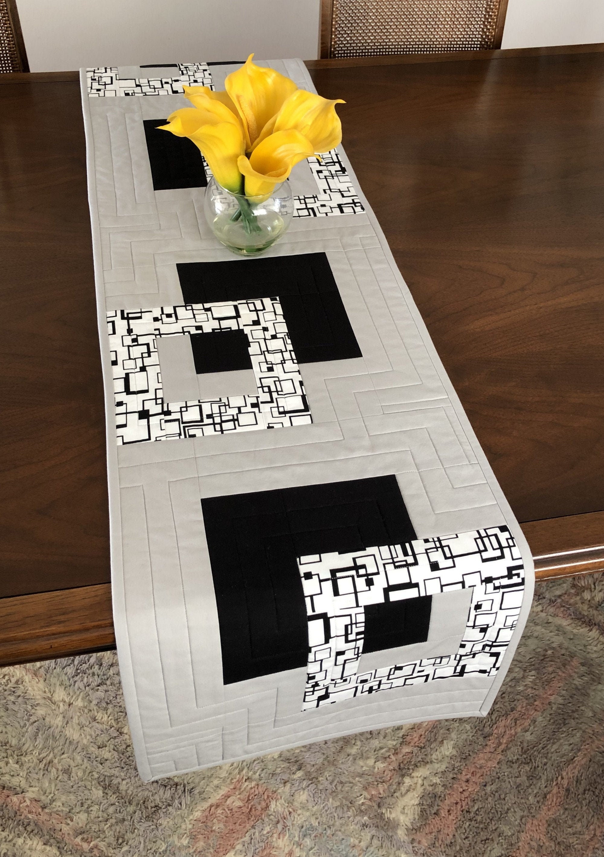 Modern Quilted Table Runner Black White and Grey Wallhanging Etsy