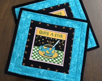 Set of 2 Coffee Lovers Snack Mats, Pair of Quilted Mug Rugs, Handmade Turquosie Mini Placemats, Luncheon Mats,  10.5"x11.5" Mini Quilts
