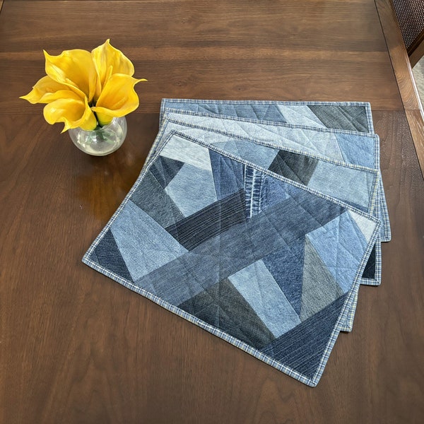 Upcycled Denim & Plaid Placemats, Set of 4 Reversible Quilted Placemats, 12-1/2"x17-1/2"  Cottage Chic Hostess Gift