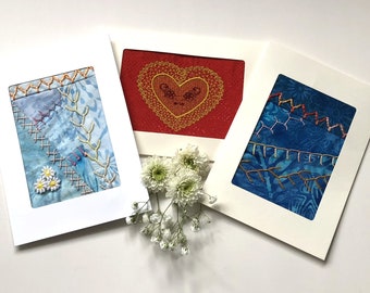 Set of 3 Embroidered Fabric Greeting Cards, 3 Handmade Cards, One of a Kind Stitched Cards, Fibre Art Textile Greeting Cards