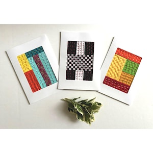 Lot de 3 cartes de voeux brodées à la main, cartes faites main uniques 5 x 7 pouces, cartes textiles fibre art modernes