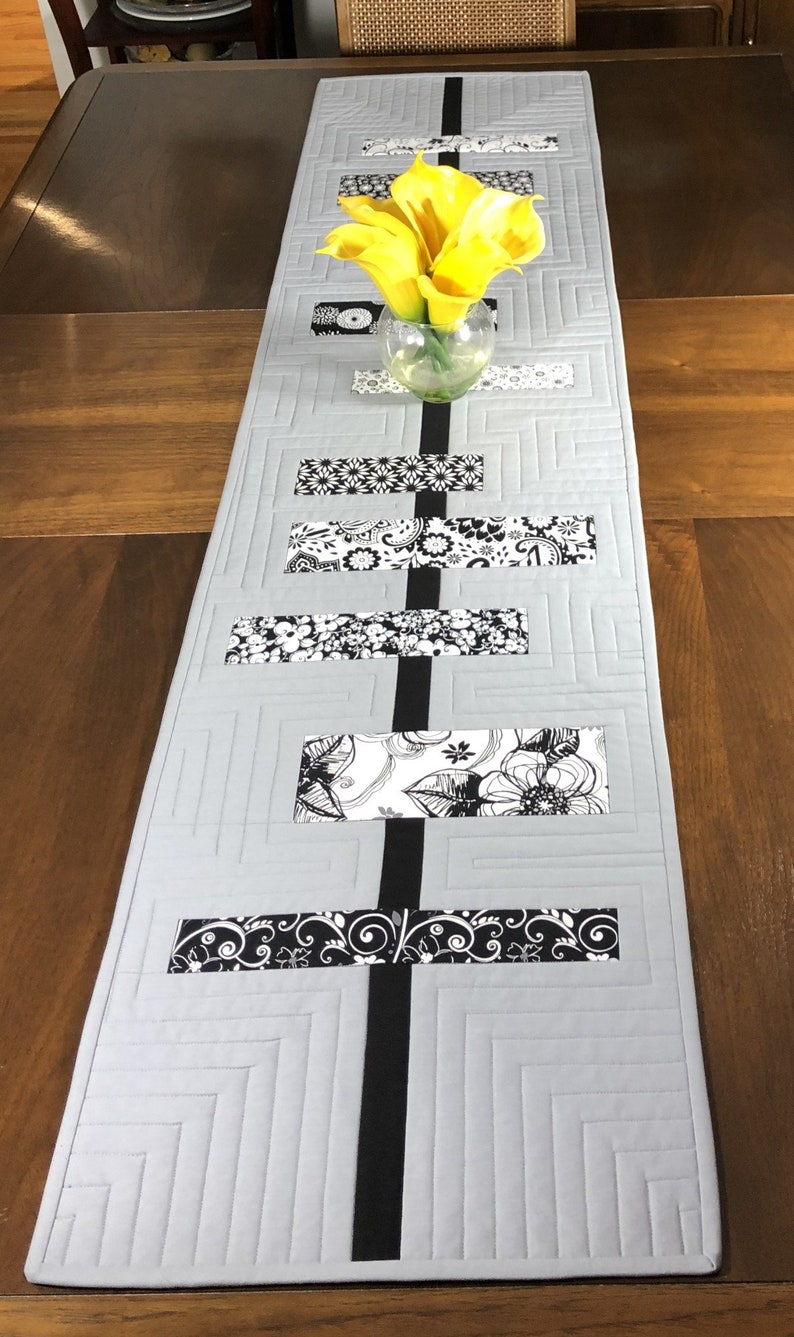 Modern Table Runner Black White and Grey Wallhanging Quilted Etsy