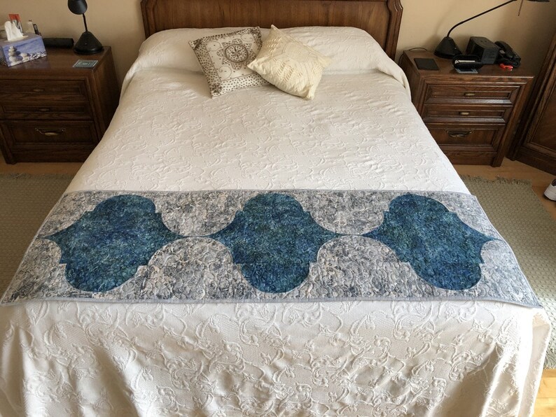 Gray /& Teal Batik Table or Bed Runner Handmade Reversible Table Quilt Quilted Batik Tablerunner Moroccan Motif Tablerunner Dining Decor
