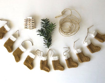 Knitted Mini Sock Garland, Gold and White Miniature Stocking Bunting, Hand Knit Mini Socks on a String, Caramel Stocking Christmas Garland