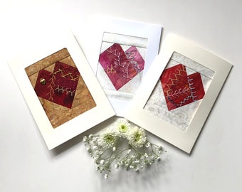 Set of 3 Hand Embroidered Greeting Cards, One of a Kind Handmade Heart Cards, Fibre Art Textile Valentine Cards, Wedding Anniversary Cards