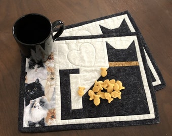 Quilted Mug Rug Pair, Set of 2 Black Cat Theme Mug Rugs, Mini Placemats, Handmade Luncheon Mats, Mini Quilt, Gift for Cat Lover, Mouse Pads