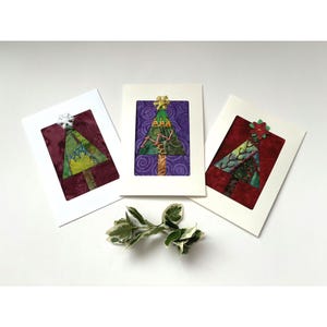 3 Handmade Christmas Cards, Set of 3 Crazy Quilt Fabric Greeting Cards, One of a Kind Hand Stitched Batik Christmas Tree Cards