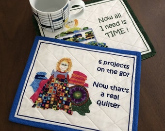 Set of 2 Quilters Mug Rugs, Quilted Snack Mat Pair , Handmade Blue/White and Green/White 8"x10" (21cmx26cm) Mini Placemats, Mini Quilts