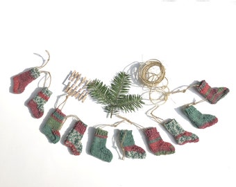 Christmas Sparkle Sock Garland, Miniature Knit Sock Bunting, Hand Knit Stockings on a String, Handmade Mini Socks Christmas Tree Garland