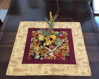 Autumn Quilted Table Topper, 25-1/4" (64cm) Fall Leaves Square Table Quilt, Gold and Burgundy Wallhanging