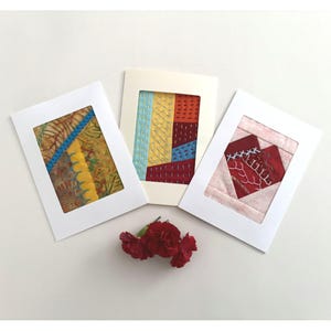 3 Handmade Cards, Set of 3 Quilt Fabric Greeting Cards, One of a Kind Hand Stitched Cards, 5"x7" Fibre Art Textile Greeting Cards