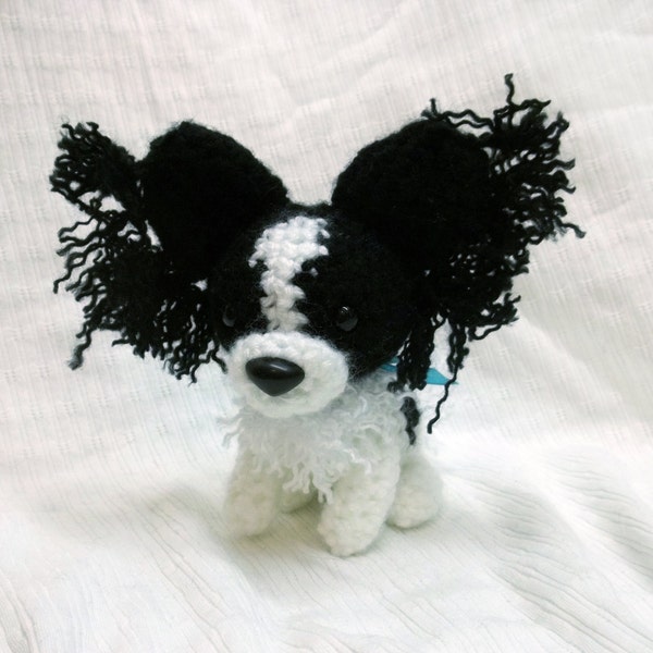 MADE TO ORDER Black and White seated Papillon Amigurumi