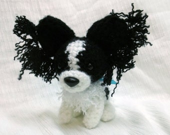 MADE TO ORDER Black and White seated Papillon Amigurumi