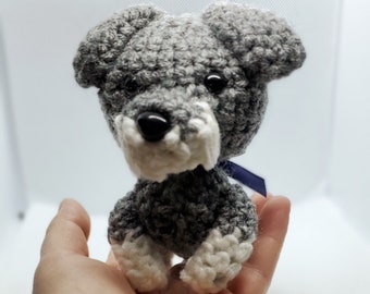 READY TO SHIP Gray scottish terrier with navy blue ribbon Amigurumi