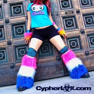 Hot Pink / White / Blue Stripe Fluffy Leg Warmers, Fluffies, Faux Fur image 1