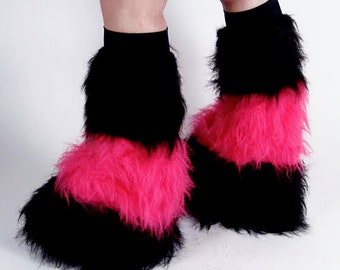 Black and Hot Pink Stripe - Fluffy Leg Warmers, Fluffies, Faux Fur