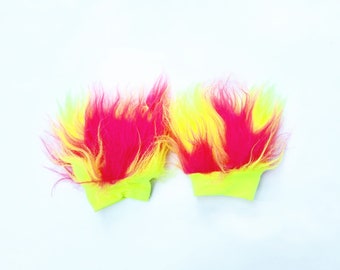 Hot Pink / Neon Yellow Multi Pattern - Fluffy Wrist Cuffs, Fluffies, Faux Fur