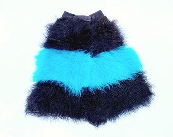 Black and Turquoise Stripe - Fluffy Leg Warmers, Fluffies, Faux Fur