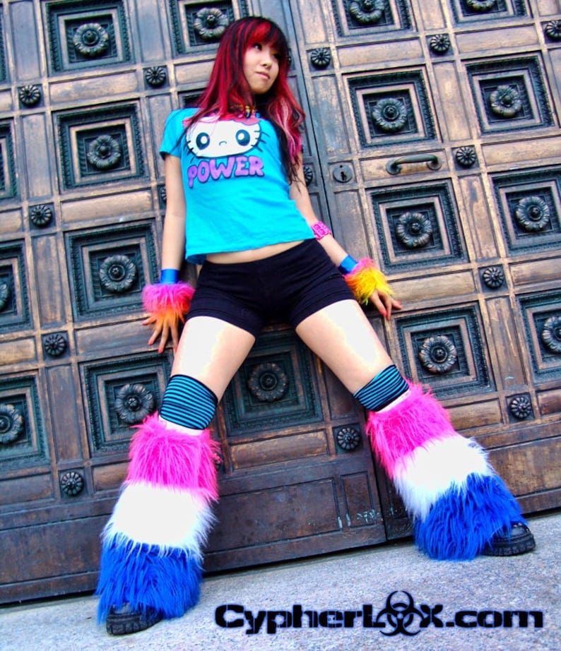 Hot Pink / White / Blue Stripe Fluffy Leg Warmers, Fluffies, Faux Fur image 1