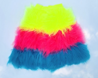 Neon Yellow / Hot Pink / Turquoise Stripe - Fluffy Leg Warmers, Fluffies, Faux Fur