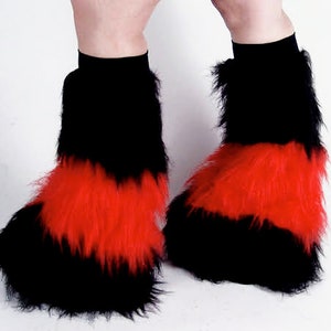 Black and Red Stripe Fluffy Leg Warmers, Fluffies, Faux Fur image 1