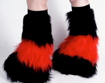 Black and Red Stripe - Fluffy Leg Warmers, Fluffies, Faux Fur