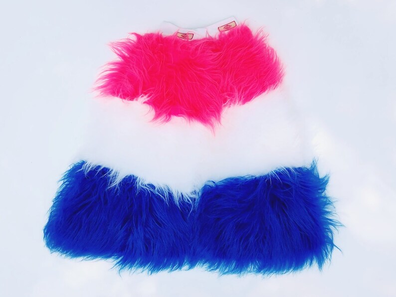 Hot Pink / White / Blue Stripe Fluffy Leg Warmers, Fluffies, Faux Fur image 2