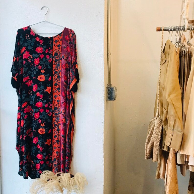 Vintage Floral Striped Rayon Batwing Kaftan