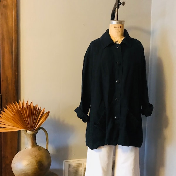 Vintage Black Linen Workwear Style Jacket by Flax