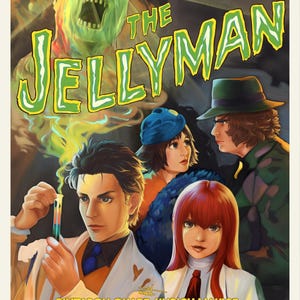 May include: A vintage-style poster for "The Jellyman" features a green monster with an open mouth above a group of anime-style characters. Text includes "EL! PSY! CONGROO!" and character names.