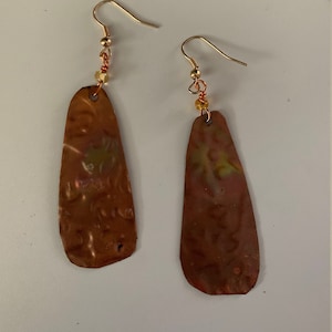 Repurposed Flame Painted Copper Embossed Earrings with Gold Beads - Boho!  (A)