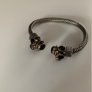 Black Onyx Silver Plated Bangle - Adjustable
