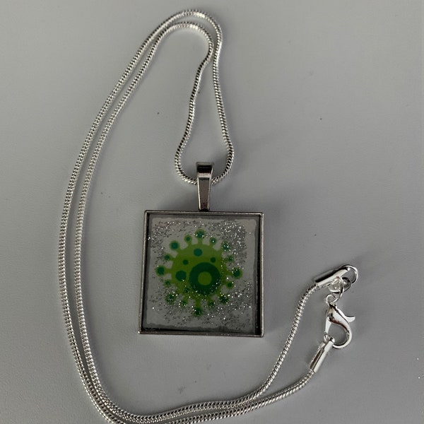 Covid! Green Covid Virus hint of Sparkles Silver Necklace or Charm