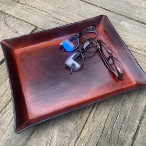 Large Handcrafted Leather Tray. Paper Sized Leather Desk Valet. Timber Brown