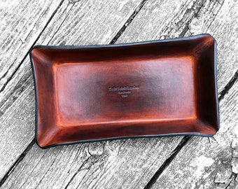 Leather Valet Tray. Twin Saints Logo. Handmade Leather desk Valet with Logo in Timber Brown. Monogram Available.